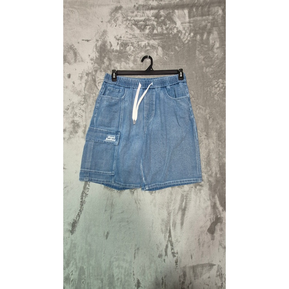 Peacebird Mens Blue Denim Cargo Shorts Elastic Waist Shark Bottom Patch 34